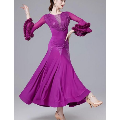 Women girls black red sequins ballroom dance dresses for female flare sleeves waltz tango foxtrot smooth dance long gown for female